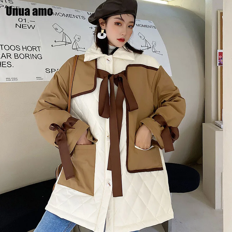 

Unua amo Fashion Cute Bear Bow Design Loose Puffer Jacket Women Hit Color Spliced Cotton Padded Parkas Female Warm Winter Coat