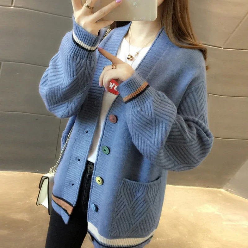 

Women's Sweater 2020 New Striped Color Matching Fashion Women Cardigans Autumn And Winter V-neck Knit Cardigan Women's Jacket