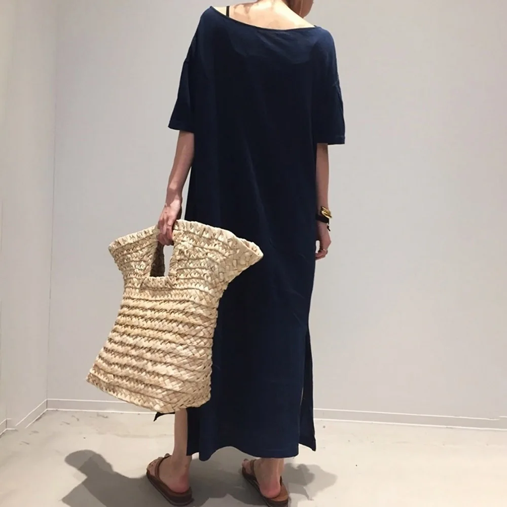 

Women Summer Dress Maxi Length Short Sleeve V Neck Ladies Fashion Simple H Line Plain Pullover Dress Slit Casual Woman Clothes