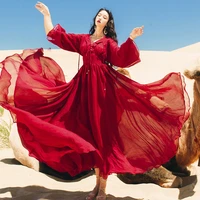 beach desert holiday dress flare sleeve v neck long maxi dresses women robes elegant high waist a line party dress red