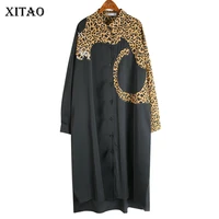 xitao europe style leopard print stitching irregular dress women long sleeve loose plus size chiffon dresses for women wj1018