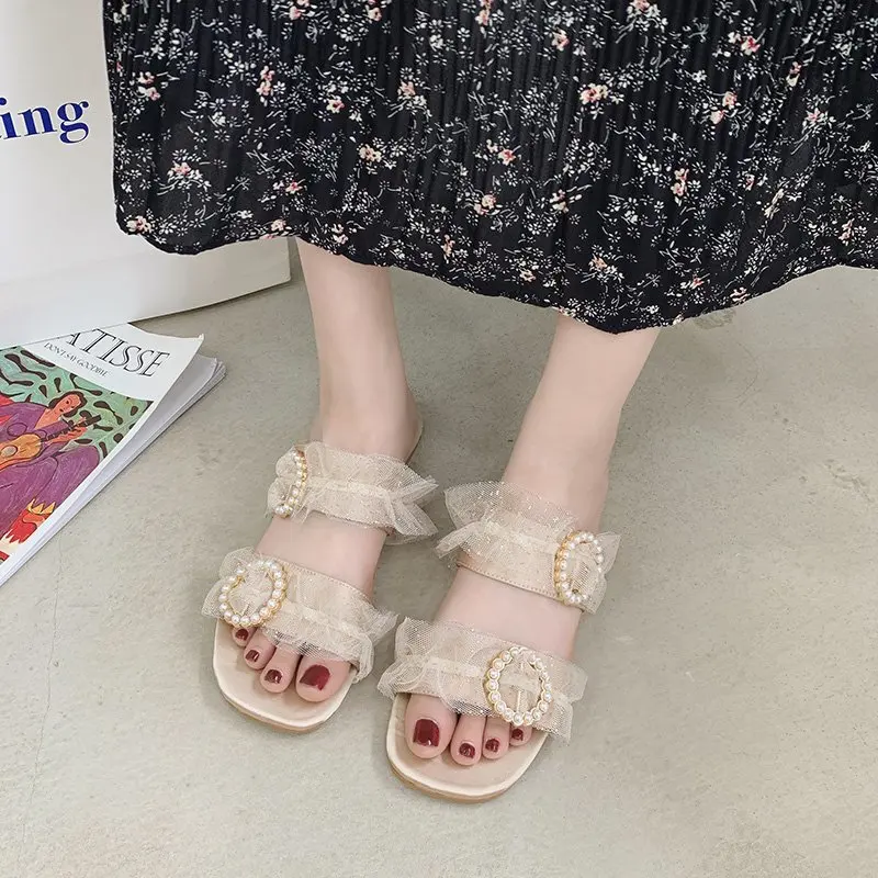 

2020 summer new fairy style fashion wild wear sandals and slippers pearl net yarn open toe flat sandals and slippers Z957