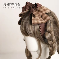 lolita retro plaid headband french harbor style joker out bow card new bow hair accessories