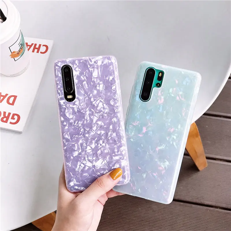 ELALA Glossy Marble Case For Samsung Galaxy Note 10 Plus Bling Conch Shell Epoxy Silicone Glitter Soft TPU Cover Pro |