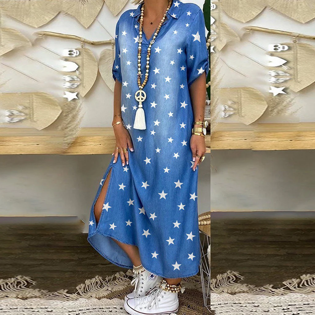 

Fashion Women Long Sleeve Shirt Dress Autumn Printed Long Dresses Laides Turn-down Collar Loose Sundress Party white dress