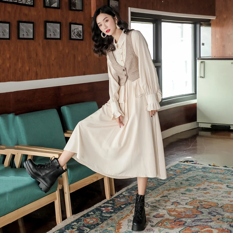 

[EAM] Women Vintage Pleated Iregular Elegant Dress New Lapel Long Sleeve Loose Fit Fashion Tide Spring Autumn 2021 1DD4309