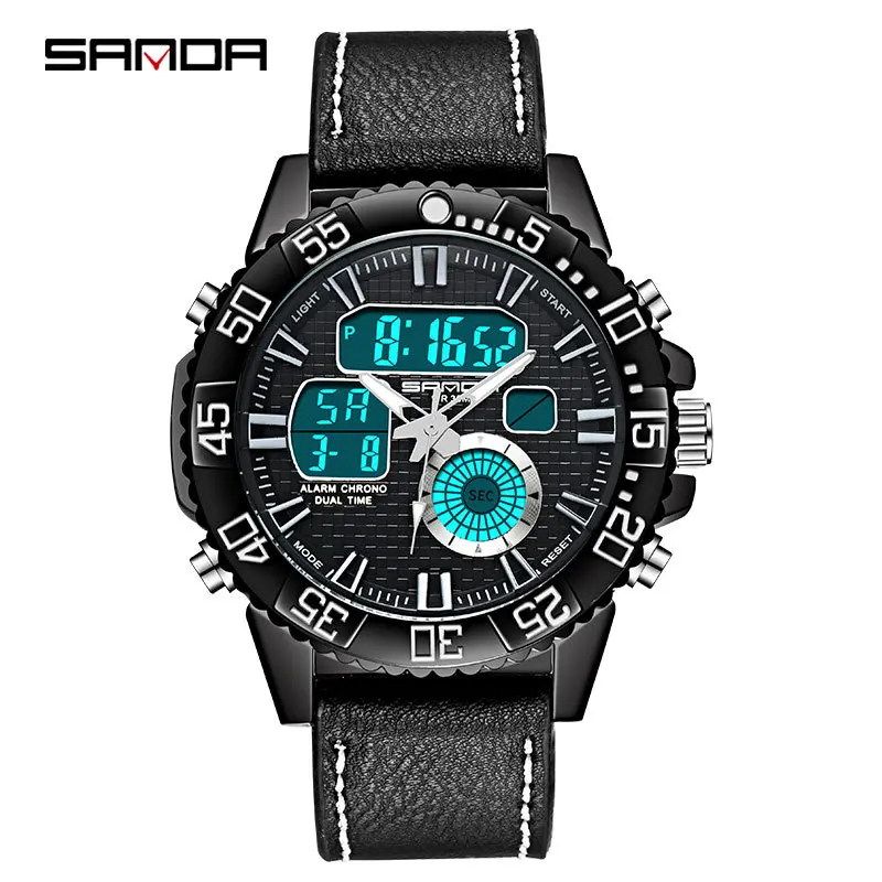 

2020 Luxury Brand Double Display Mens Watches Sports Leather Strap Men's Hand Clock Digital Watch For Men Black Cost WristWatch