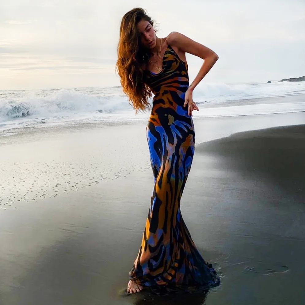 

Shoukika Letania Ladies Printed Sling Printed Fashion Chiffon Mid-length Dress Floral Ladies Mermaid Costume