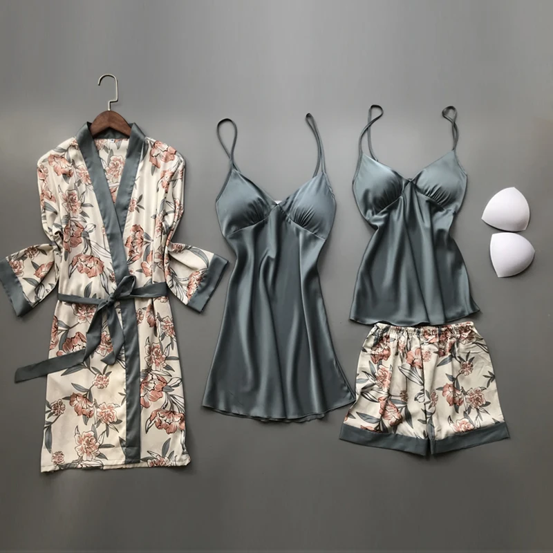 

2020 Spring Autumn Women Silk Pajamas Sets With Chest Pads Flower Print Pijama Sleepwear 4 Pieces Spaghetti Strap Satin Pyjamas