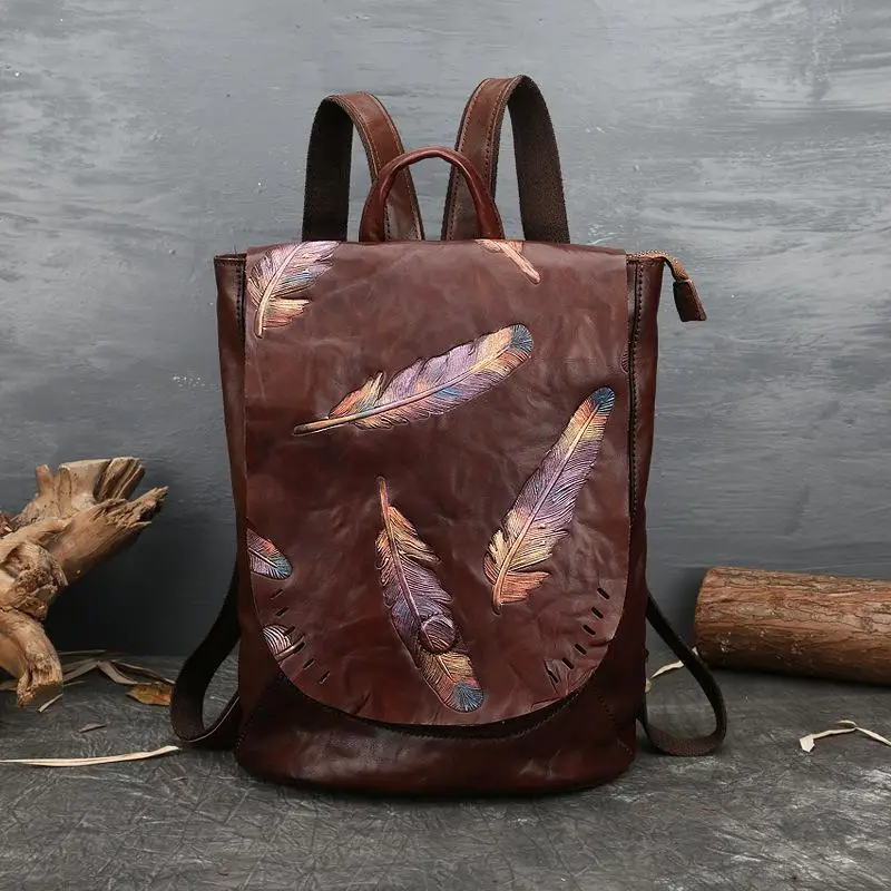 

Retro Backpack Luxury Embossed Cowhide Backpacks Vintage Genuine Leather Bag For Women Leisure Feather Backpack Ladies