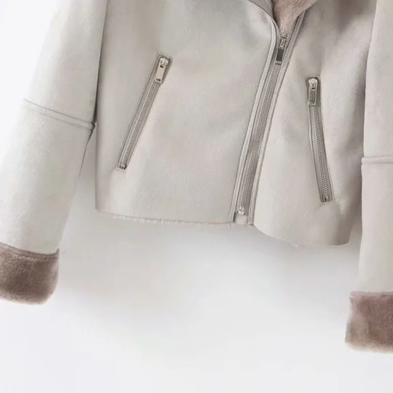 Buckskin/Женская куртка с длинными рукавами на молнии с отворотом; Новинка года; зимняя теплая Женская куртка в стиле Харадзюку с мехом; топ в стиле ретро