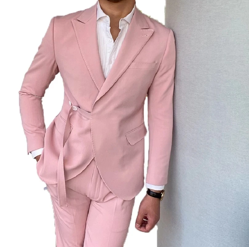 

2022 Pink Fashion Men Suits Wedding Slim Fit Blazer With Belt Groom Tuxedo Terno Masculino Prom Costume Homme 2 Pcs Jacket