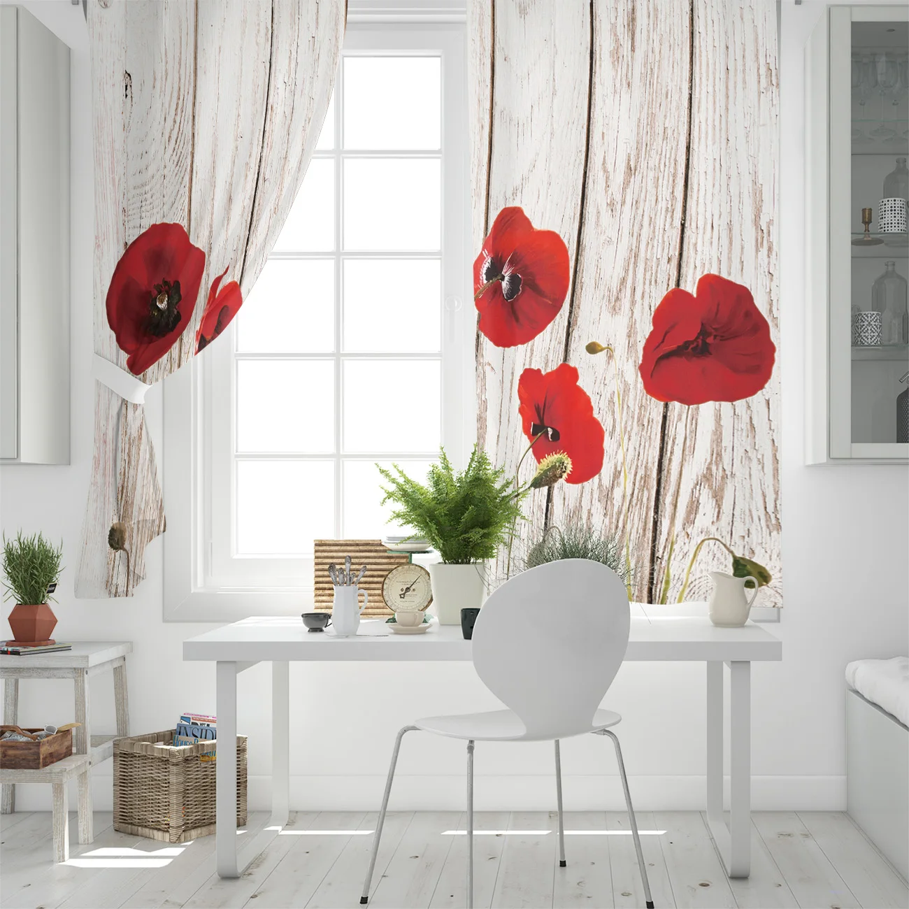 Винтажная деревянная текстура занавеска для окна с красным маковым цветком