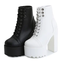 womens comfy platform round toe chunky high heel classic black white ankle boots pu leather boots cosplay shoes for lady g0024