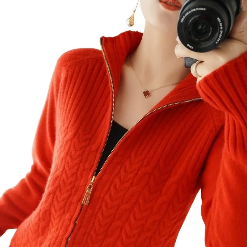 

Women's zipper knitted sweater, open neck, loose rope, solid jacket, student top, autumn, red and pink