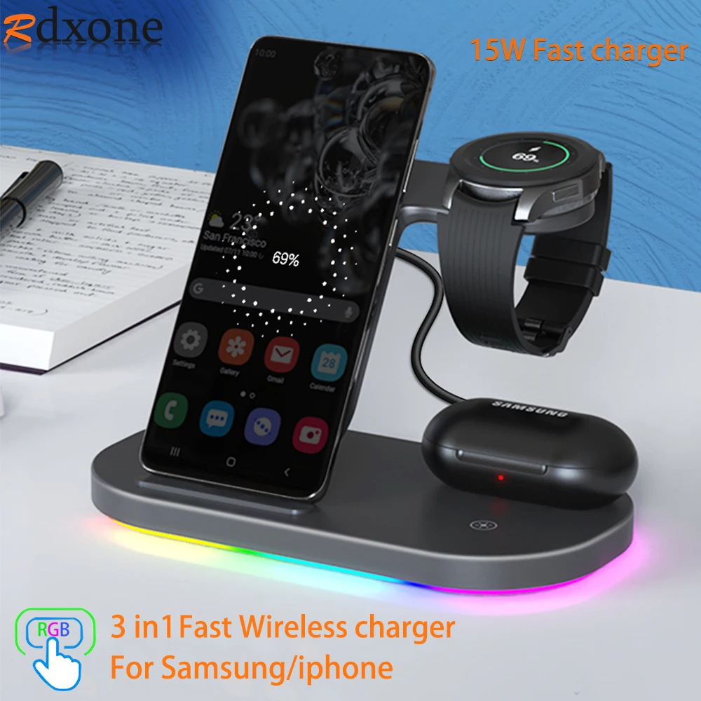 3 in 1 wireless charger stand 15w fast charging for samsung galaxy s21s20s10s9 watch 3 4 classic active 1 2 for iphone 13 12 free global shipping