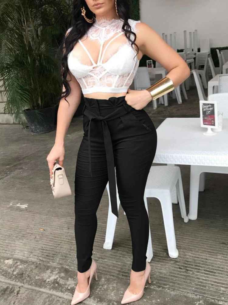 

Fashion Casual Pants Women Trousers Solid Cargo Pants Leisure High Waisted Belted Pants Women