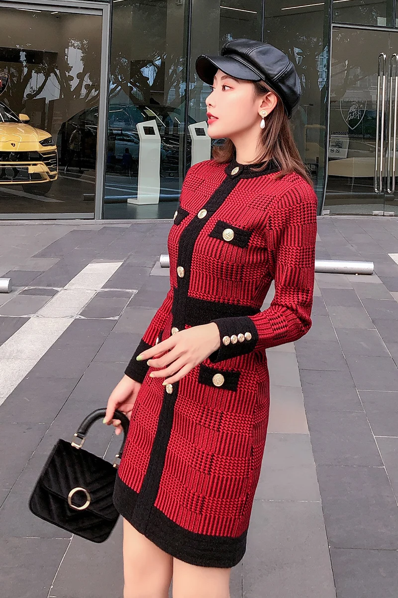 

Vintage Plaid Sheath Sweater Dress 2019 Autumn Winter Single Breasted Knitted Dress Runway Bodycon Sweater Dress Vestidos P-253
