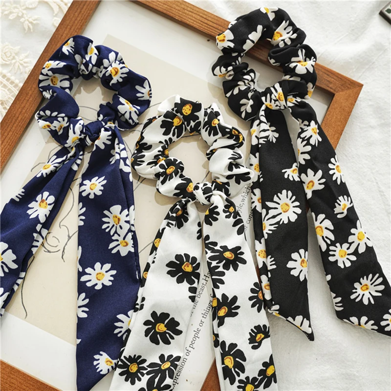 

Long Ribbon Hair Accessories Floral Print Hair Rope Elastic Band Daisy Hair Scrunchies Knotted Ponytail Streamers Hair Ties