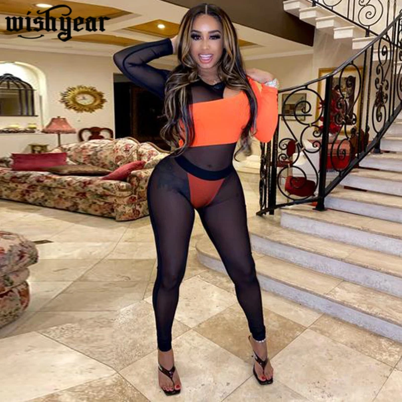 

Цветной женский комбинезон в стиле пэчворк, сексуальные прозрачные сетчатые боди с длинным рукавом, Обтягивающие Комбинезоны для ночного к...