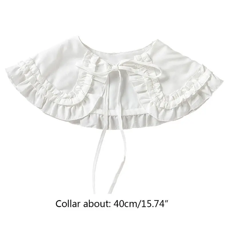 

New Japanese Womens Lolita Doll Double Layer Ruffles Fake Collar Shoulder Wrap Solid Color Ribbon Bowknot Bottoming Shirt Shawl