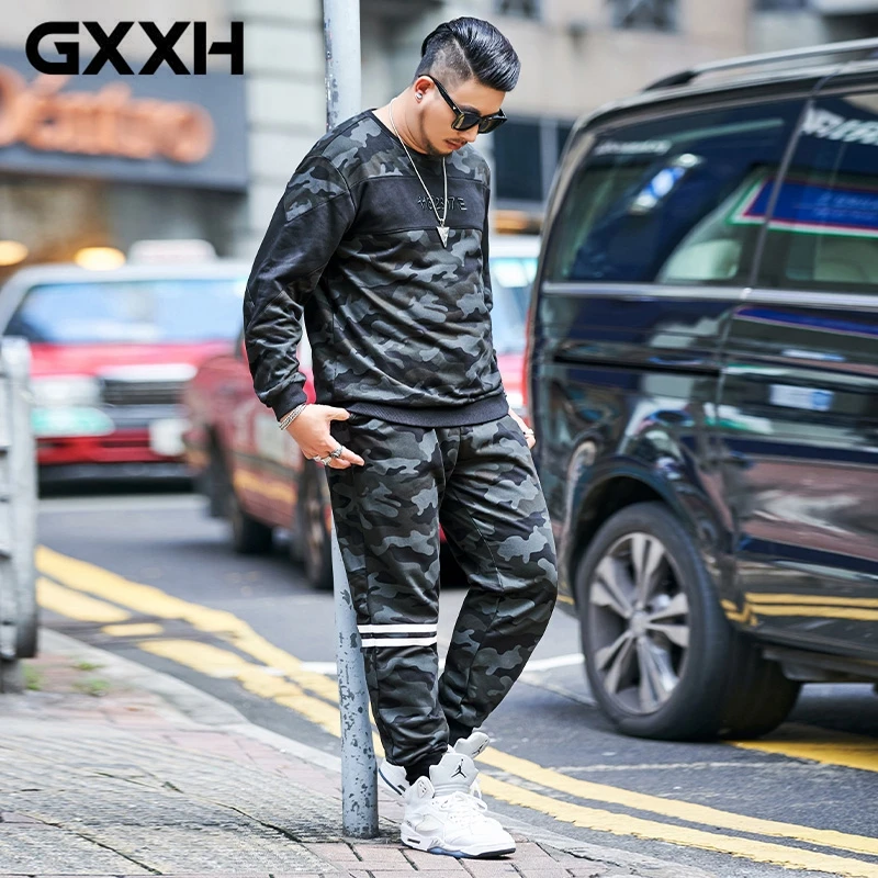 GXXH Новые мужские повседневные камуфляжные комплекты с принтом толстовки+ штаны 2 шт спортивный костюм толстовки и брюки костюм плюс размер