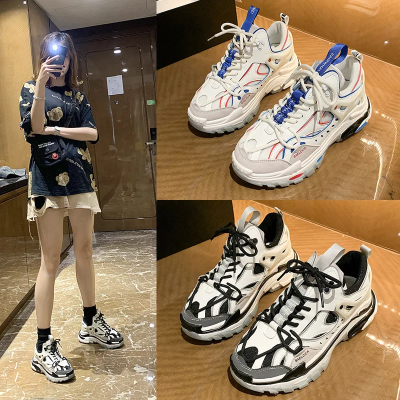

White Women Shoes New Chunky Sneakers for Women Lace-Up White Vulcanize Shoes Casual Fashion Platform Sneakers Basket R10-04