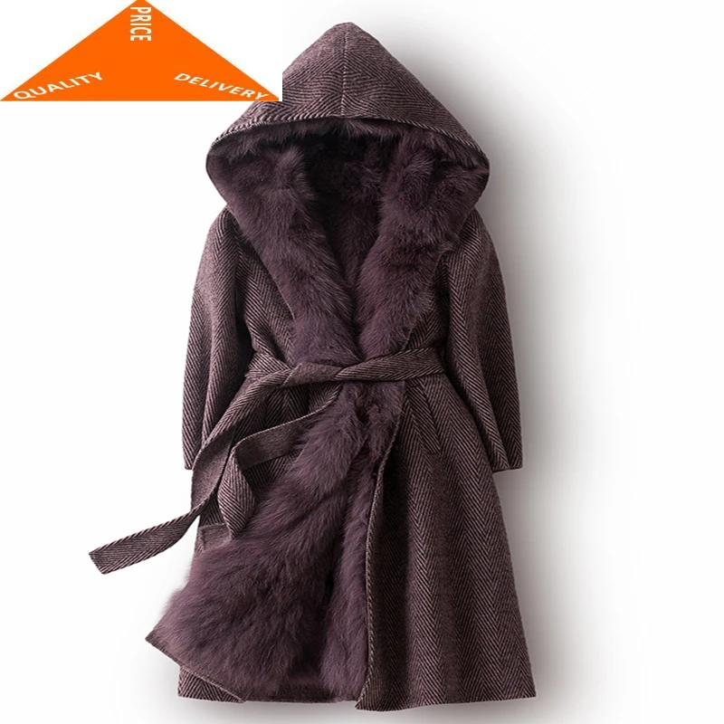 

Winter Real Hooded Jacket for Women Clothes 2020 Korean Thick Warm Fox Fur Liner Parka Ladies Long Coat Belt 989