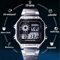 men watches life waterproof lcd colorful cold light watch stainless steel digital watch 5 alarm clock world time watches