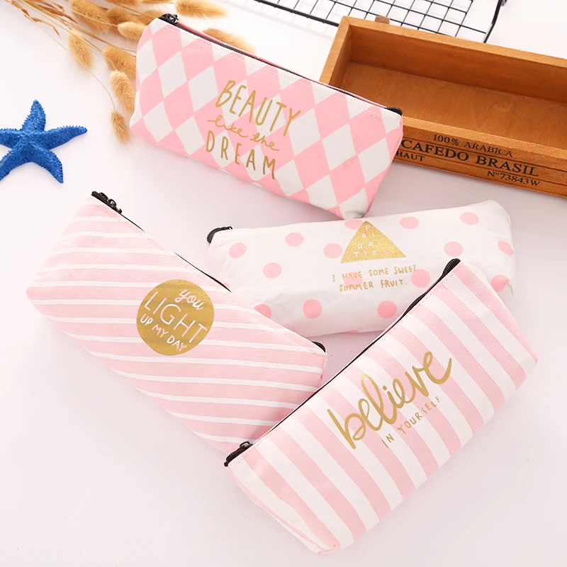 1pc Pink Stripe Pencil Case for Girls Canvas Bag School Supplies Office Accessories Chancery Stationery Pen Storage | Канцтовары для