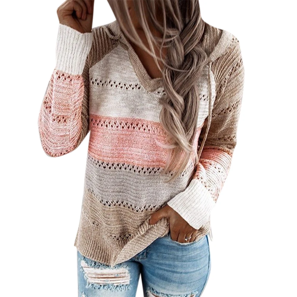 

Женские свитера, зимняя одежда, свободный цветной Вязаный топ с длинными рукавами и прострочкой, женская одежда, Повседневные свитера с кап...