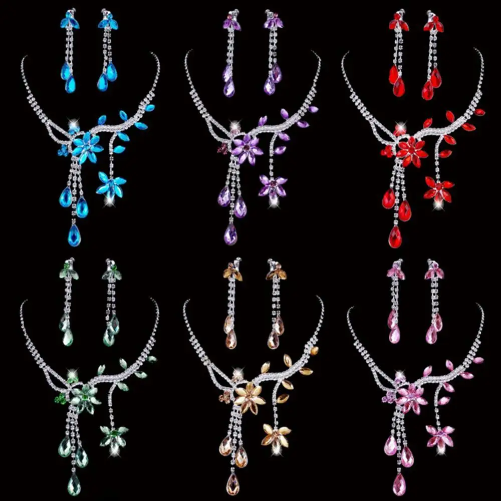 

Wedding Party Bridal Floral Tassel Drop Rhinestone Earrings Necklace Jewelry Set