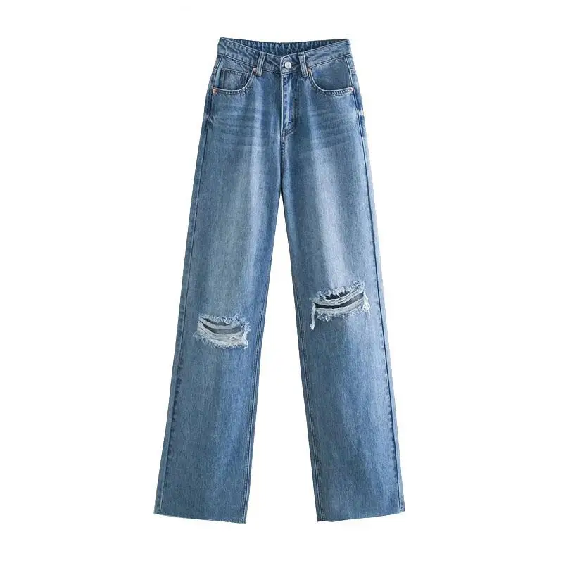 

Women 2021 Chic Fashion Ripped Hole Wide Leg Jeans Vintage High Waist Zipper Fly Female Trousers Mujer
