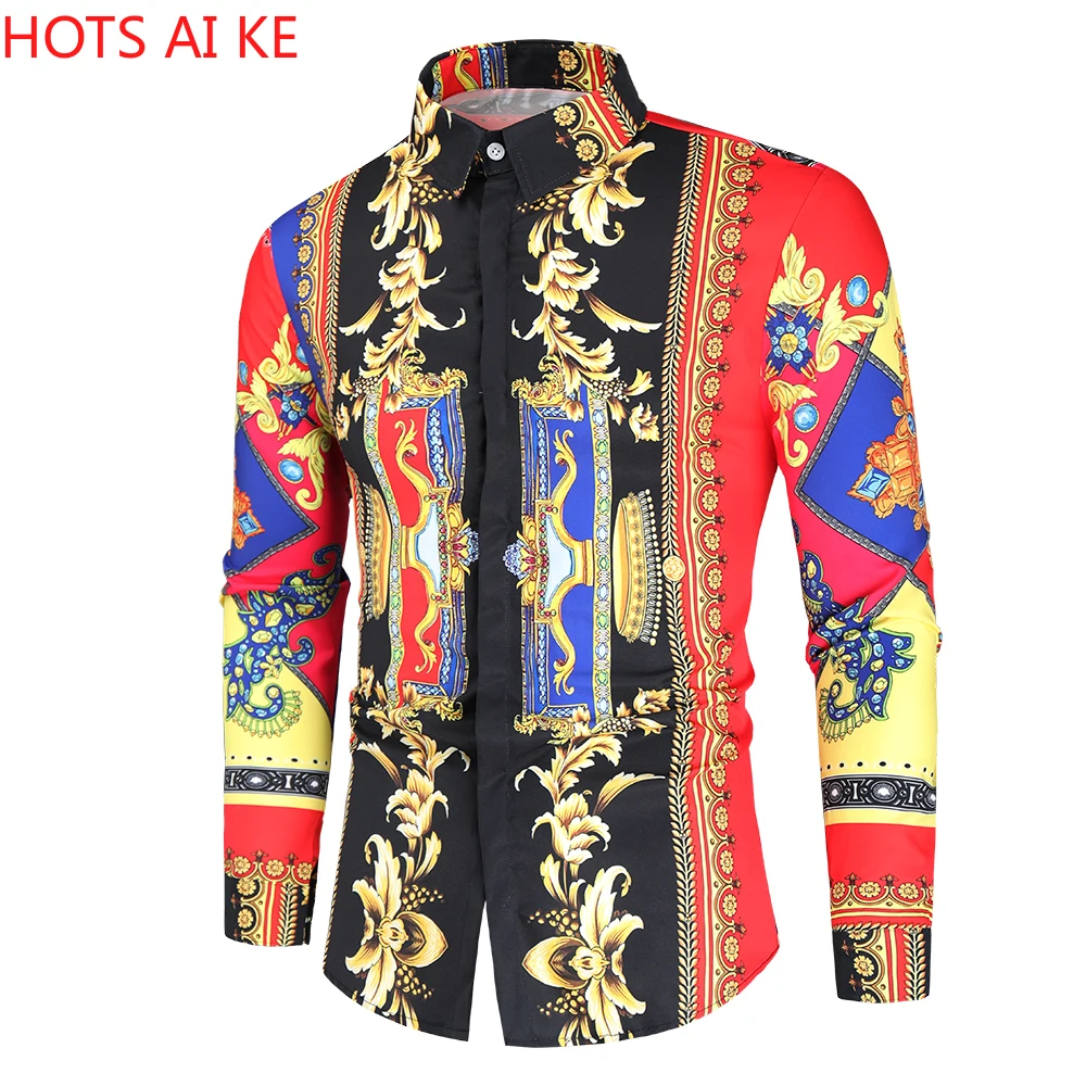 

Casual Blouse Homme Baroque Banquet Paisley Luxury Korean Mens Long Sleeve Print Shirt