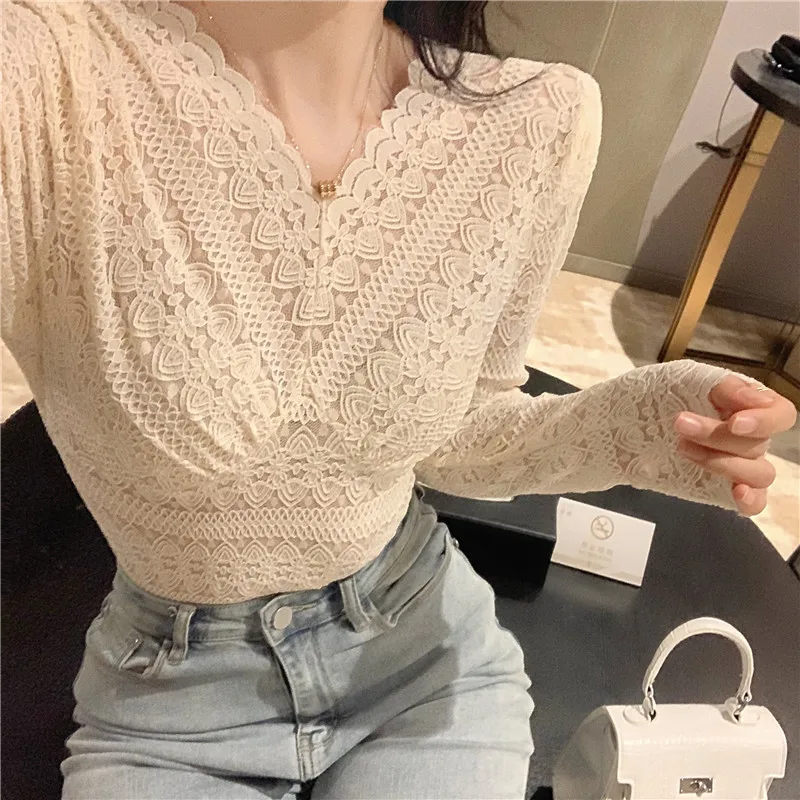 Кружевная женская рубашка с длинным рукавом перспективная открытая Сексуальная