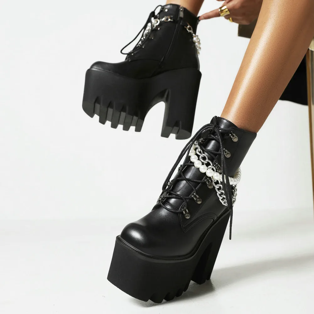 Gothic Black Ankle Motorcycle Boots Girls Autumn Winter 2021 Detachable Bead Chain PU Leather Wedges Dress Chunky Platfprm Shoes
