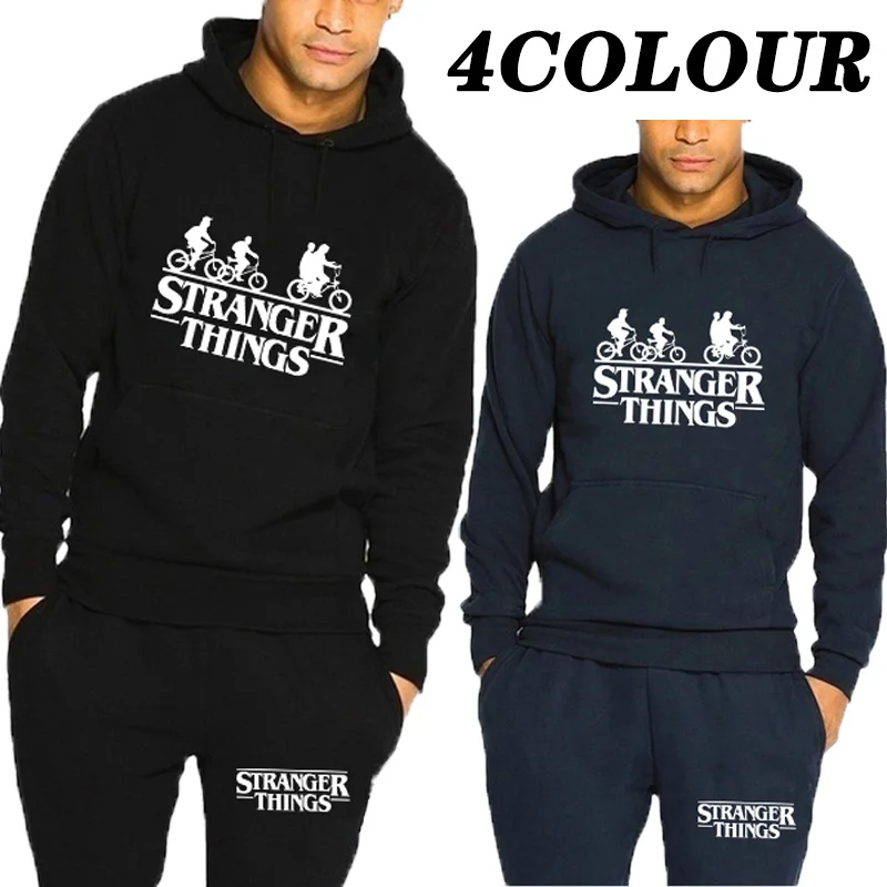 

2021 Newest Men Casual Strange Logo Printed Sportswear Fashion Jogging Fitness Pullover Hoodie Loose Sportswear Set (4 Colors)