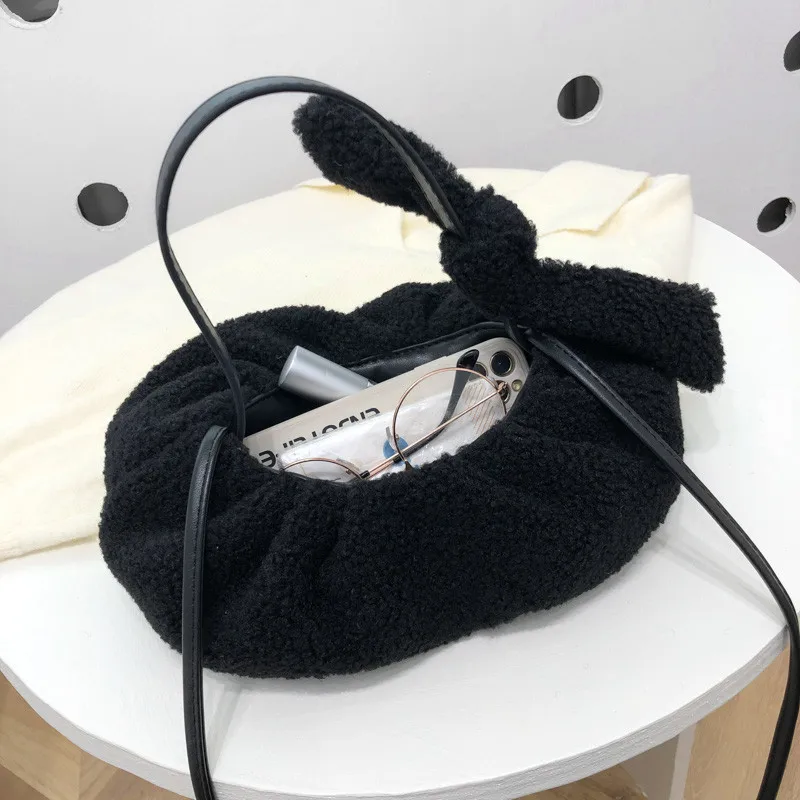 

Lambswool Queare Handbag 2020 New Elegant Female Shoulder Bag Portable Solid Color Tote Bags for Womens Casual Crossbody Bag Sac