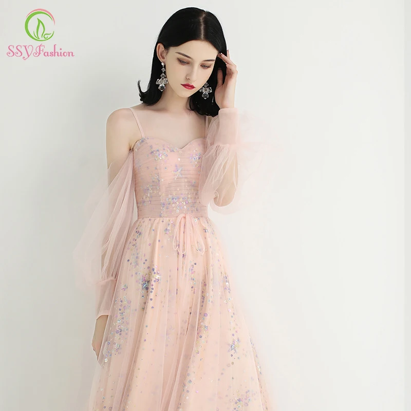 Женское вечернее платье до пола SSYFashion романтичное розовое с длинным рукавом