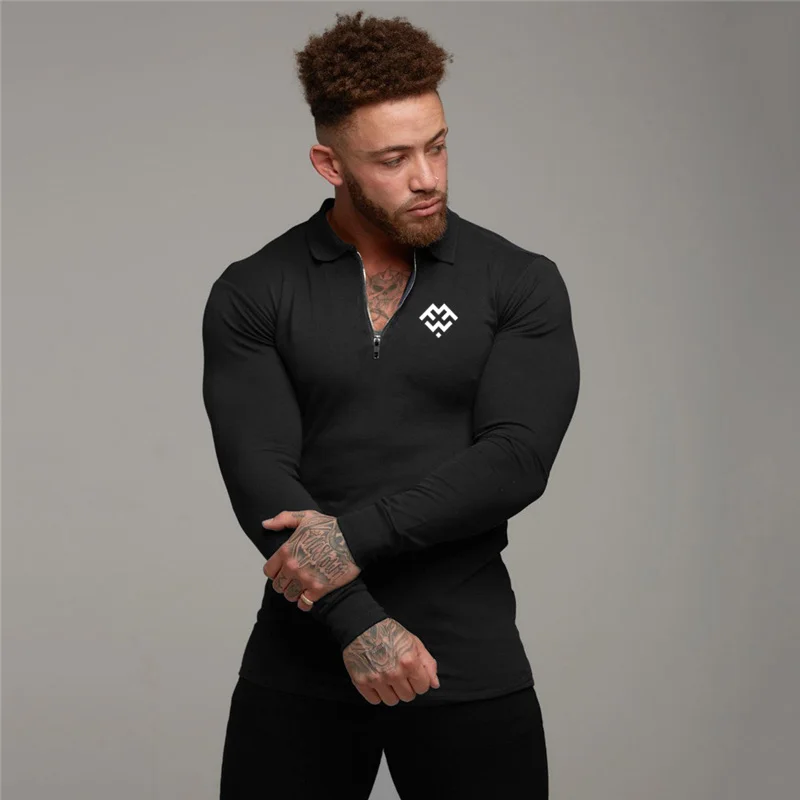 

New Brand Gym Polo Shirt Sport T Shirt Men Cotton Long Sleeve Running Shirt Men Workout Training Tees Fitness Rashgard T-shirt