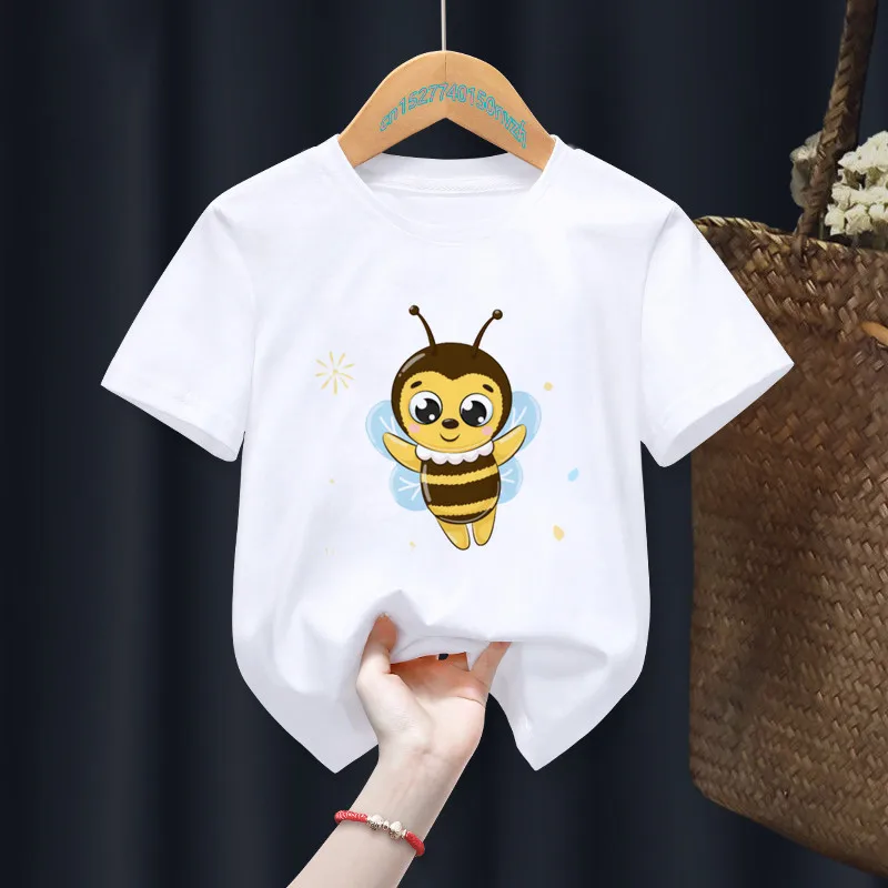Camiseta para ni&ntilde;os y ni&ntilde;as de dibujos animados, divertida camiseta blanca de abeja para ni&ntilde;os, Tops de animales, regalo, ropa de regalo, env&iacute;o directo-1
