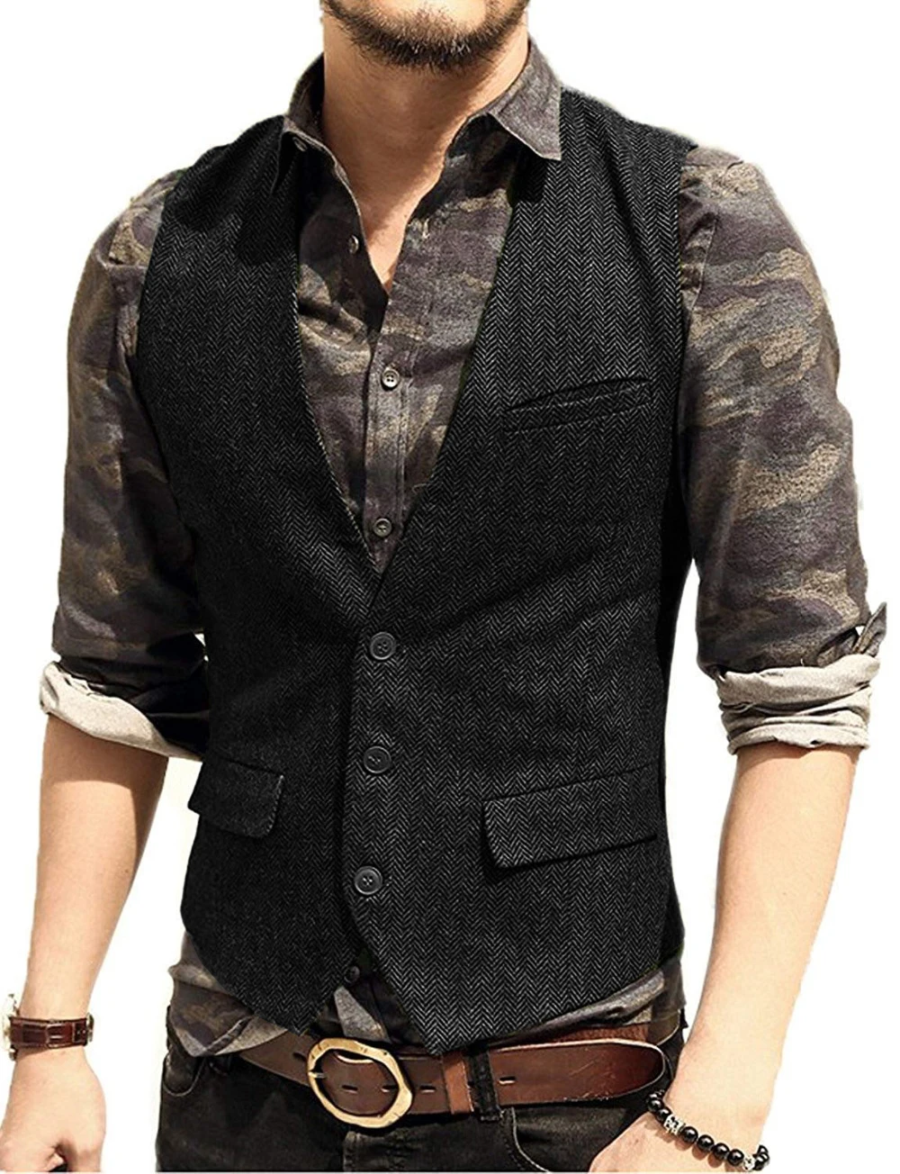 Men's V-Neck Suit Vests Fashion Formal Slim Fit Business Herringbone Dress Waistcoat for Tuxedo Wedding Party