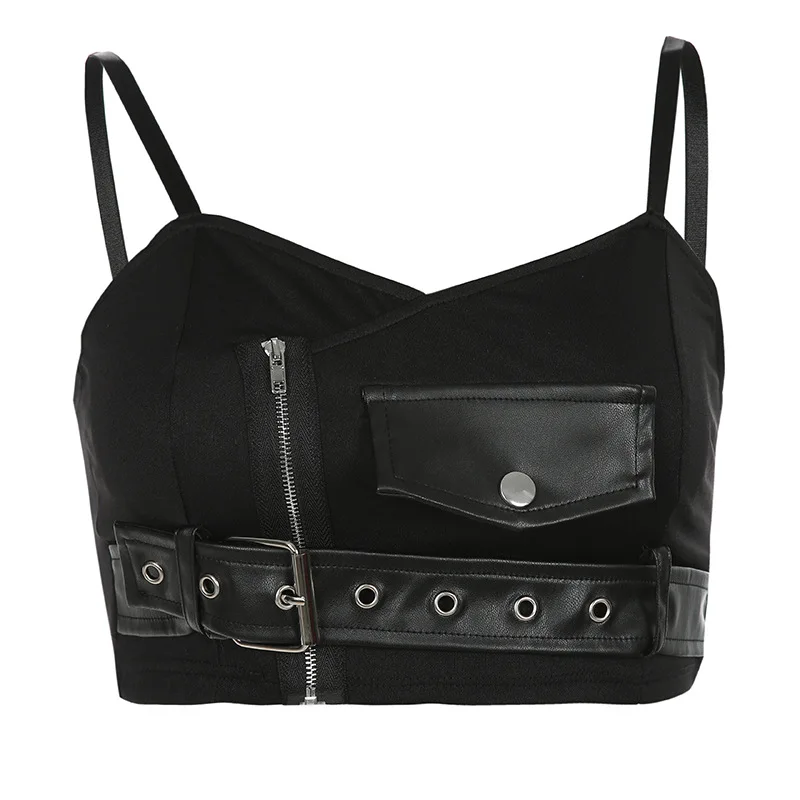 

Women Tank Tops 2021 Backless Lattice Camisole Summer V-Neck Slim Street Short Zipper Leather Buckle Sling Type Vest Female
