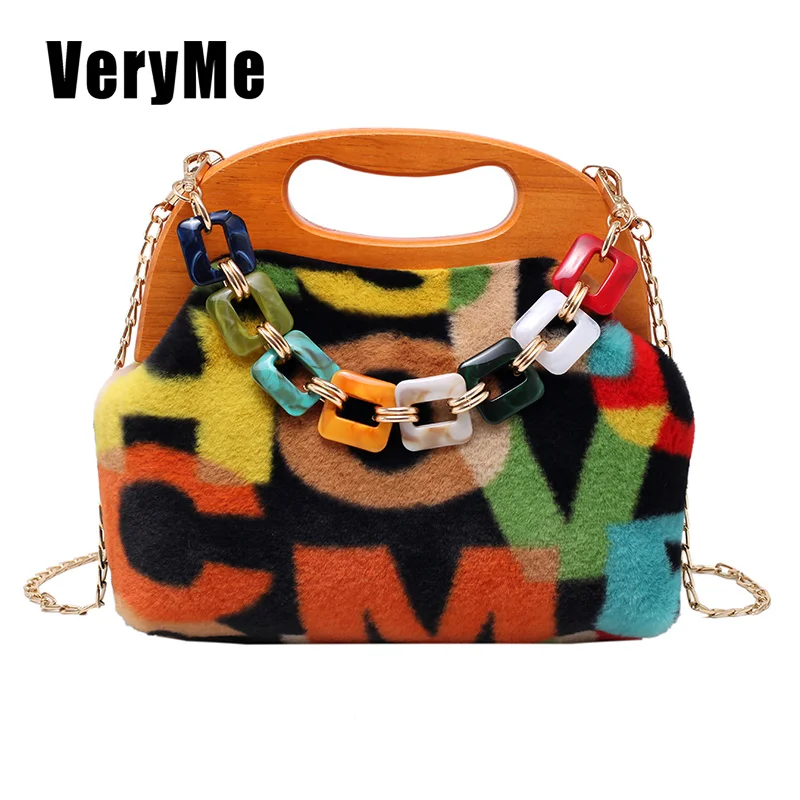 

Fashion Fuzzy Multi Color Flap Bag Soft Faux Fur Crossbody Pack Acrylic Bead Plush Handbag Female Bolsos Marca Mujer Lujo