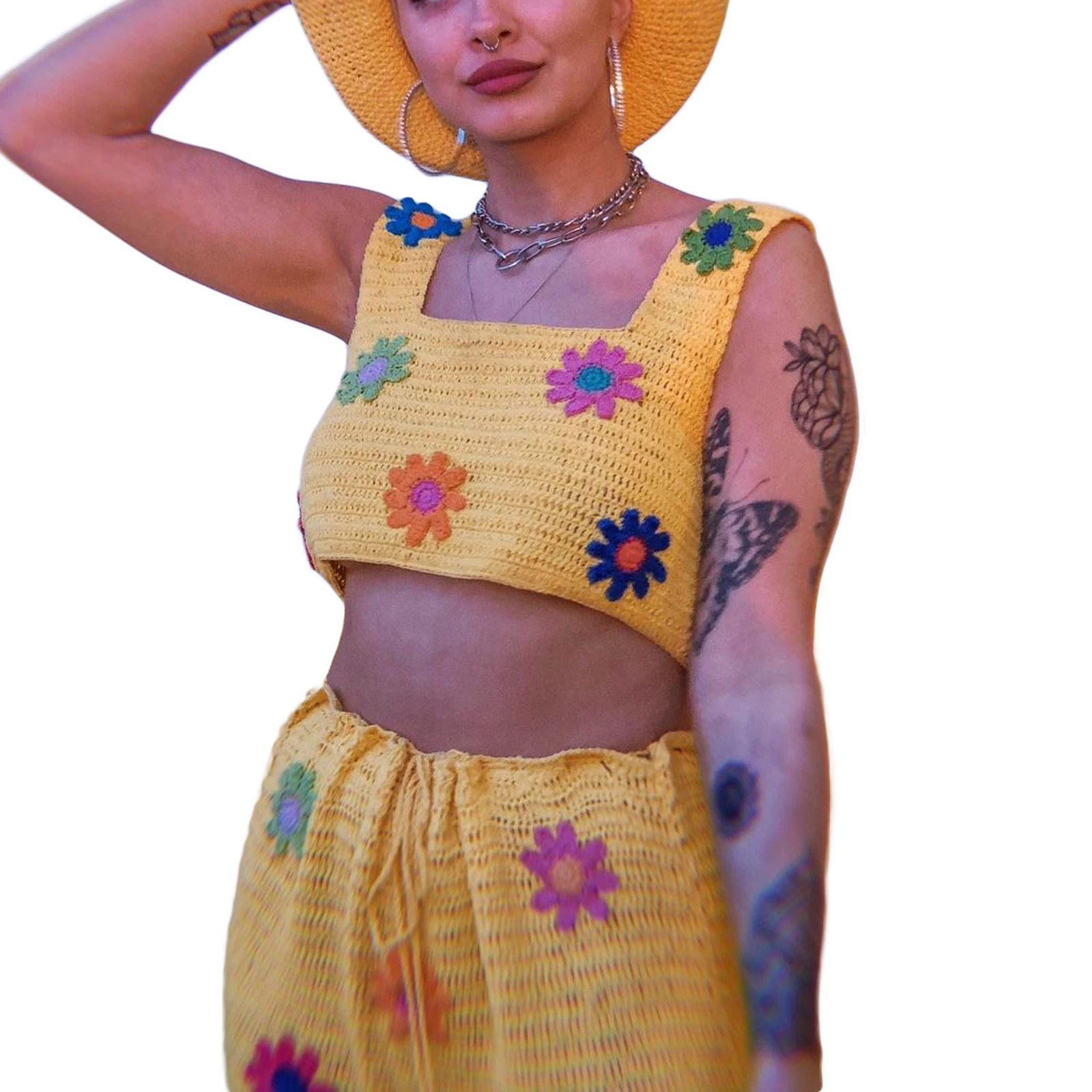 

Women Knitted Flare Pants Floral High Waist Drawstring Loose Pants Summer Autumn Ladies Hollowed Pants Casual Long Trousers