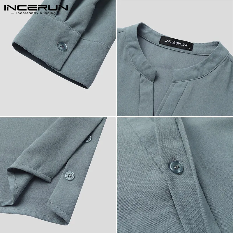 

2021 Men Casual Shirt V Neck Long Sleeve Basic Blouse Solid Color Vintage Leisure Streetwear Camisa Masculina S-5XL INCERUN