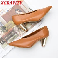a265 xgravity top quality cow genuine leather chunky heeled pumps v cut designer women footwear sexy ladies vintage girl shoes