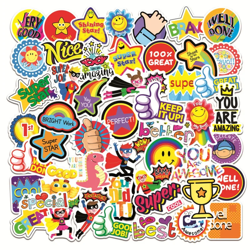 

50Pcs Kawaii Stickers Scrapbooking Pack English Slogans Graffiti Stickers For Laptop Cup PVC Waterproof Paste Decals Kids Gift