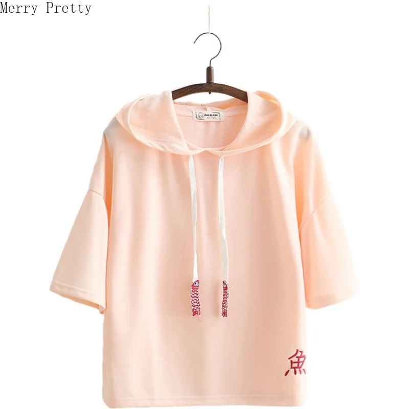 

Women's Hooded T Shirts Cartoon Letter Embroidery Cotton T Shirt 2020 Spring Femme Short Sleeve Casual Loose Basic Tops Tees