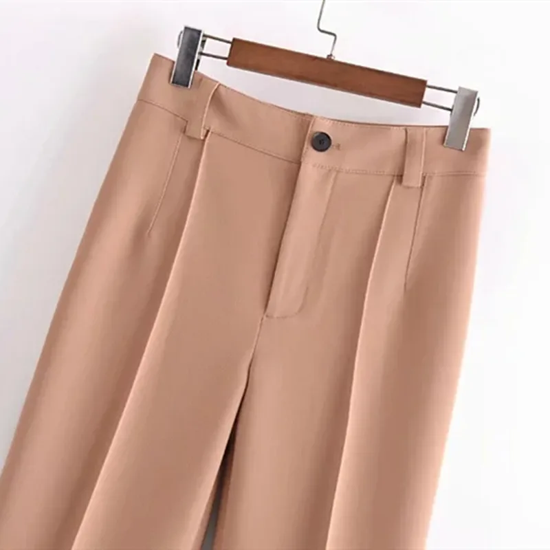 

Pants Women 2021 Za Khaki High Waisted Female Pants Spring Autumn Office Straight-Leg Trousers Ladies Casual Woman Wide Trousers